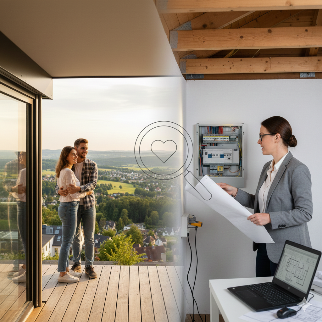 Eine sympathische Immobilienmaklerin von Gloux Immobilien berät Kunden beim Hauskauf im Taunus und prüft dabei fachmännisch die Substanz der Immobilie.